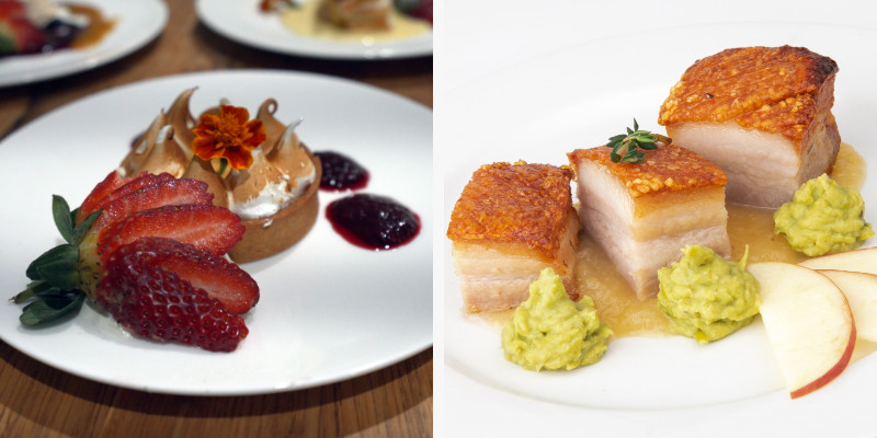 Lemon Meringue Tart and Pork Belly with Apple Sauce and Pea Puree